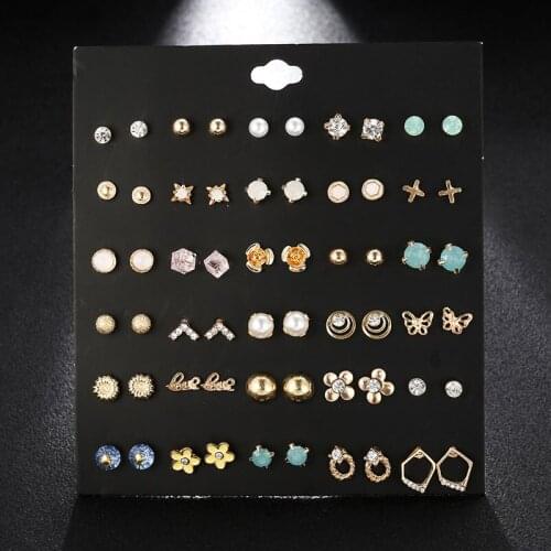 30Pairs/Set Elegant Crystal Stud Earrings For Women Cross Flower Butterfly Small Mixed Earrings Set Piercing Jewelry