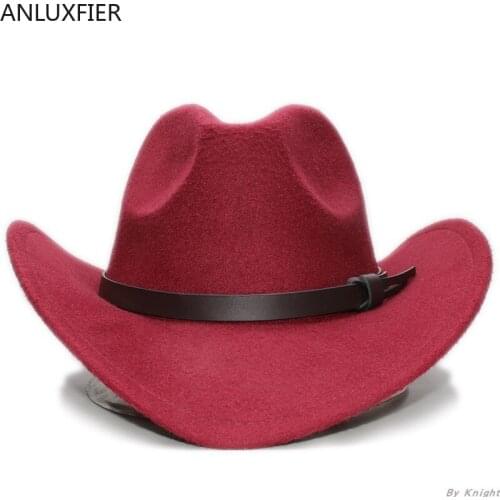 A185 Adult Wool Fedoras Hat Coffee Leather Belt Parent and 100% Wool Cowboy Hat Large Brimmed College Style Bowler Caps