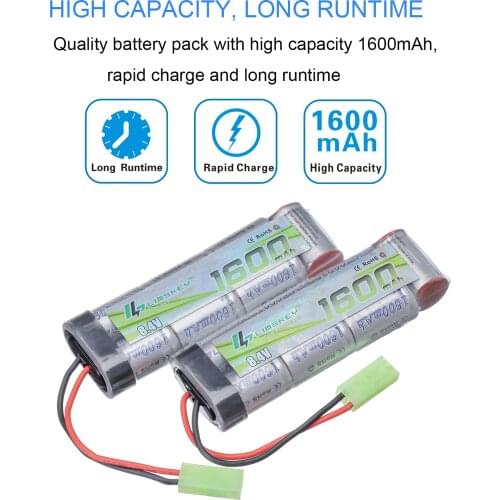 Limskey 2pcs 7S 2/3A 8.4V 1600mAh NiMH Flat Battery with Mini Tamiya Connector for Airsoft Guns MP5, Scar, M249, M240B, M60, G36