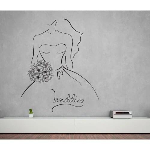 Large Size Murals Vinyl Decal Wall Sticker Wedding Contour Sketch Bride with Bouquet Marriage room Wall Decor Decals Hot LC1510
