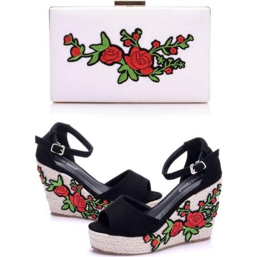 Crystal Queen Woman Sandals Shoes Bohemian Sandals Comfortable Sweet Wedge Heels Shoes for Girls With Matching Bags With Purse