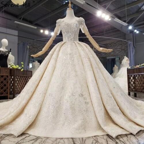 Dubai Champange Luxury Sexy Wedding Dresses 2020 Short Sleeves Diamond Beading Bridal Gowns HX0242 Custom Made