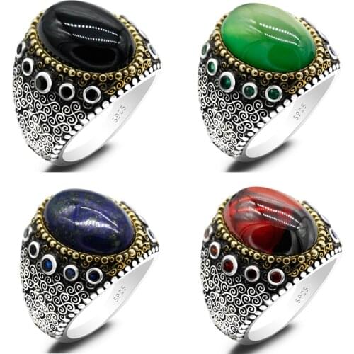 Natural Stone Ring for Men 925 Sterling Silver Big Agate/Chalcedony/Garnet/Lapis Gemstone Male Rings Vintage Turkish Jewelry