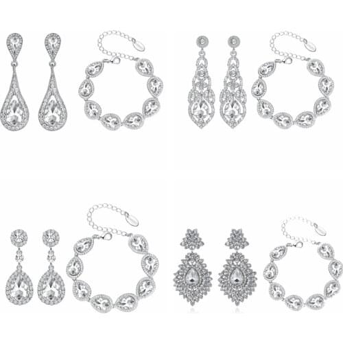 Minlover Classic Style Bridal Jewelry Teardrop Crystal Bracelet Earrings Sets for Women Silver Color Wedding Jewelry EH444+SL051