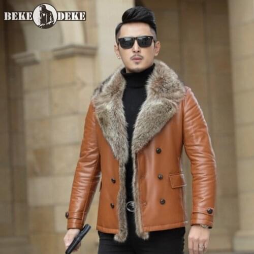 High Quality Mens Winter Raccoon Fur Collar Down Jacket Business Man Slim Fit Sheepskin Genuine Leather Jacket Thick Overcoat