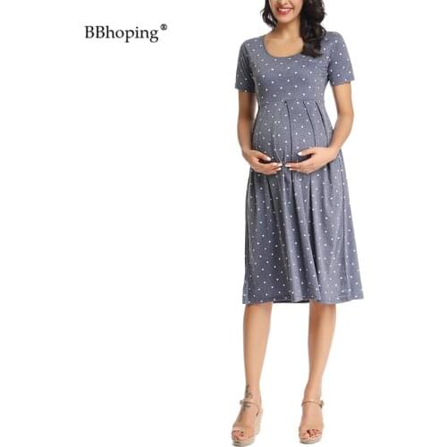 Maternity Dress Polka Dot Pleated Maternity Dress Knee Length Pregnant Clothes Short Sleeve Casual Wraped Ruched Pregnancy Dress