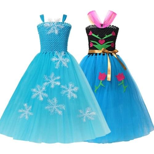 Princess Snow Queen 2 Ana Elza Dress Girls Knitted Ball Gown Sleeveless Snowflake Elza Ana Costuums Kids Party Christmas Dress