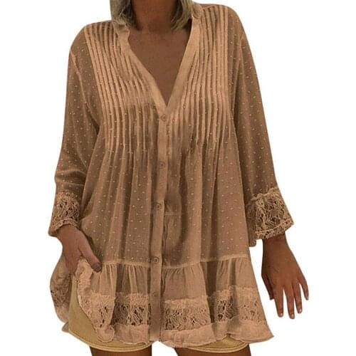 Casual Women Blouse Autumn Sexy Lace Stitching Pleated Buttons Loose Plus Size Shirt Blouse Female Solid Elegant Shirts Tops
