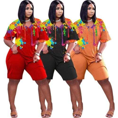 Plus Size Fashion Casual Womens Clothing Street Style Wide Body Pockets Splash Ink Positioning Printing Loose Short Jumpsuit