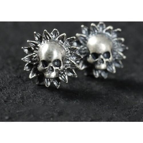 Personality Silver Color Sunflower Skull Stud Earrings for Motorcycle Party Men Womens Earrings Gothic Punk Earrings Jewelry