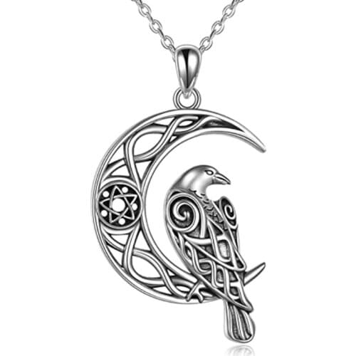 Nordic Viking Totem Amulet Necklace Vintage Antique Silver Color Hollow Moon Odin Crow Pendant Necklaces For Women Men