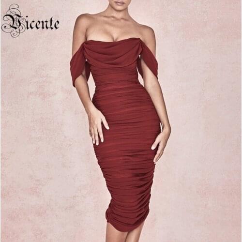 VC All Free Shipping New Trendy Draped Sexy Off The Shoulder Short Sleeves Wholesale Celebrity Party Club Satin Dress