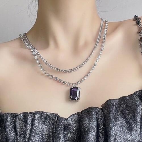 VSnow Hiphop Punk Double-Layer Black Square Geometric Pendant Necklace for Women Shining Rhinestone Metal Chain Necklace Jewelry