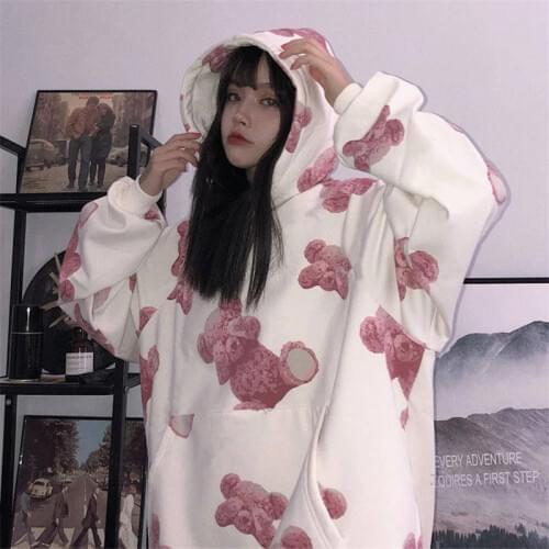 Harajuku Bear Printed Hooded Hoodie Loose Long Sleeve Ulzzang Hoodie Streetwear Females Cute Animal Print Hoodie Funny Tops Girl