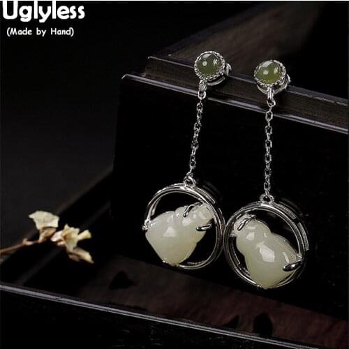 Uglyless 100% Real 925 Sterling Silver Handmade Natural Jade Gourd Earrings for Women Gemstones Fine Jewelry Brincos Bijoux Gems