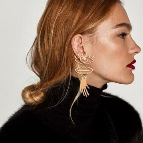 Unique Design Abstract Face Drop Earrings Vintage Metal Style Geometric Hollow Eye Lip Palm Statement Dangle Earrings for Women