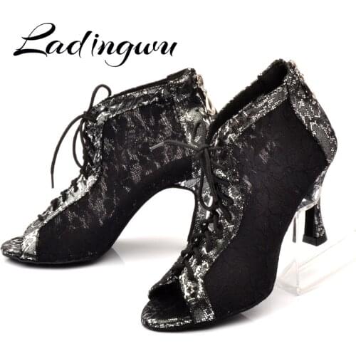 Ladingwu Latin Dance Shoes Wonen Black White Lace Dance Boots Ladies Comfortable Ballroom Paty Dancne Shoes Salsa Shoes Woman