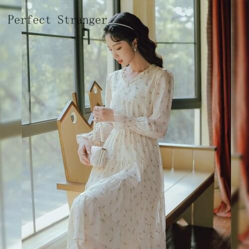 2021 Autumn New Arrival High Quality Retro V Collar Collect Long Sleeve Flower Printed Waist Women Long Dress