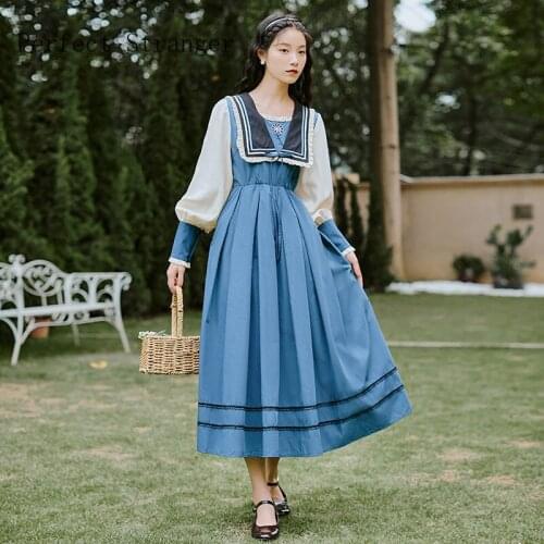 2020 Autumn New Arrival Retro Round Collar Flower Embroidery Lantern Sleeve Women Long Cotton Dress
