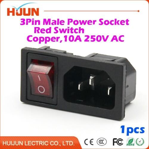 1Pcs High Quality 3 Pin Male Safe Power Socket Red LED Switch Copper Inlet Connector Plug 10A 250V AC Computer Apparatus