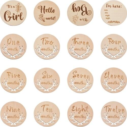 16pcs Basswood Milestone Cards Wooden Baby Month Birth Newborn Milestone Wood Card with Word 100x3mm