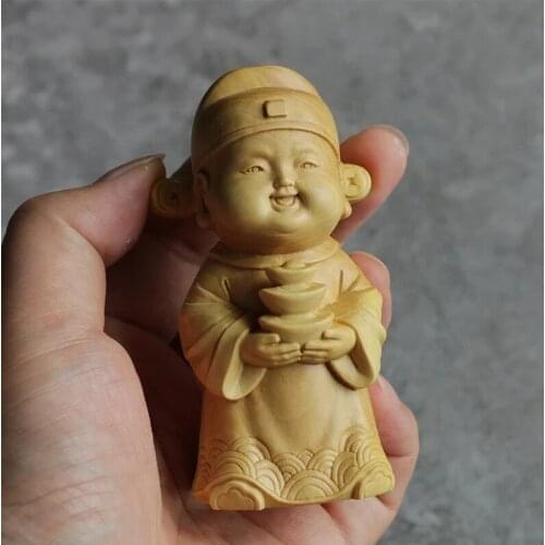 Boxwood 9cm Wealth God Sculpture Solid Wood Buddha Statue Feng Shui Cartoon Myth Collection Home Decor