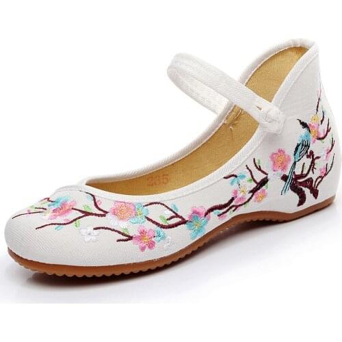 YourSeason Chinese Birds And Flower Embroidered Ladies Canvas Ballet Shoes Retro Women Round Toe Soft Cotton Dance Walking Flats