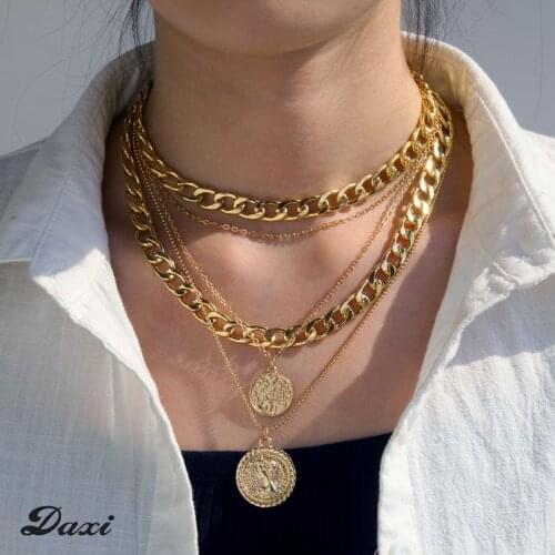 DAXI Punk Hip-hop Layered Cuban Link Chain Choker Necklace For Women Thick Chains Carved Coin Pendant Necklaces Sets One Piece