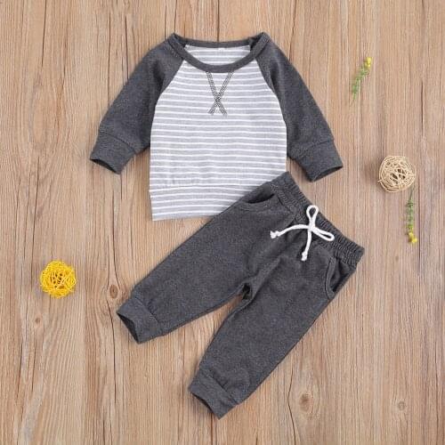 Baby Long Sleeve Long Pants Suit Round Collar Pocket Two-pieces Set Stripe Lace-up Outfit