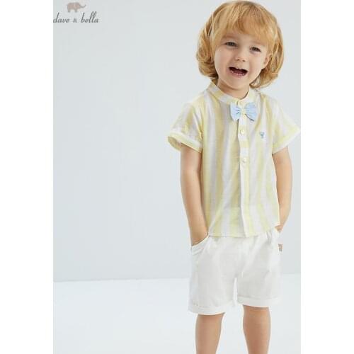 DB18093 dave bella summer baby boys casual bow striped clothing sets kids fashion short sleeve sets children 2 pcs suit