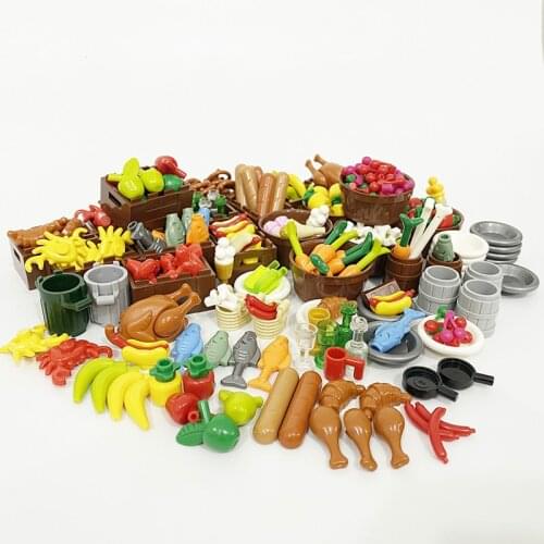 City Figure Hand-held Food Accessories Blocks Parts Tableware Fruits Bread Vegetables Dessert fish Basket MOC Bricks Friends Toy