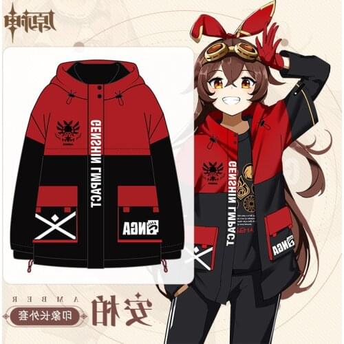 Anime Genshin Impact Amber Mondstadt Fashion Loose Hooded Hoodie Coat Men Women Winter Harajuku Sweatshirt Pullover Tops Cosplay