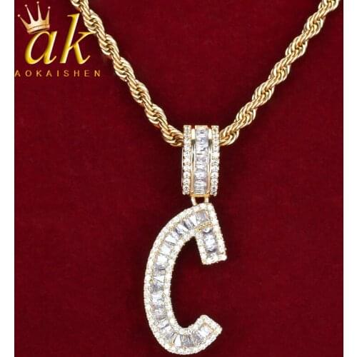 Iced Out Baguette Initials Letters Pendant Gold Color Chain Bling Zirconia Mens Hip Hop Jewelry