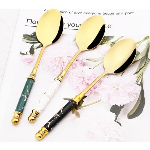 High Quality Creative Imitation Marble Spoon Set Stainless Steel Dinner Spoon Gold Dinnerware Cutlery Set Kitchen Tableware Set