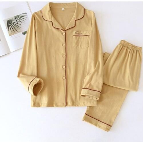 New knitted cotton couple home clothes ladies long-sleeved trousers set mens and womens solid color pajamas home clothes