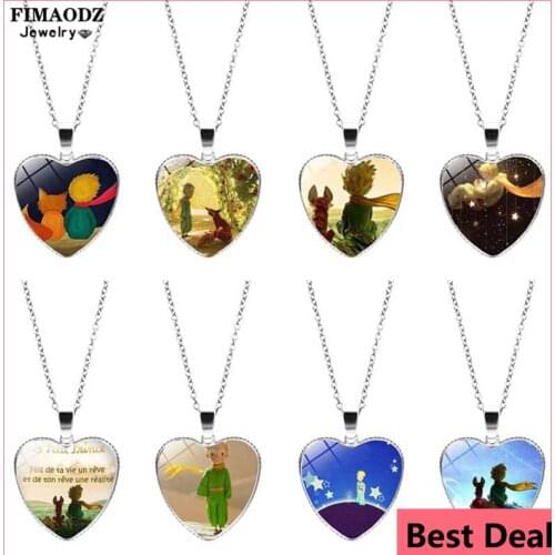 FIMAODZ The Little Prince Necklace Planet Fox Cartoon Art Photo Glass Cabochon Heart Pendant Chain Jewelry Childrens Gift