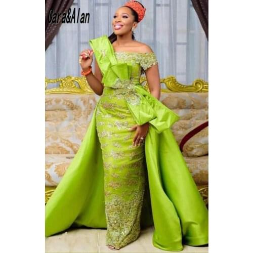 African Traditional Aso Ebi Evening Dresses Short Sleeves Lace Applique Beaded Prom Dress with Detachable Train Vestido De Novia