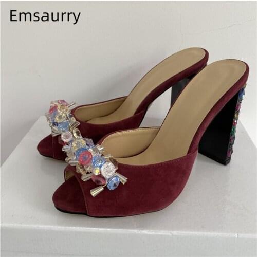 Colorful Rhinestone Flower Decor Lazyman Mules Lady Jeweled Crystal High Heel Slingbacks Suede Peep Toe Sandals Women Summer