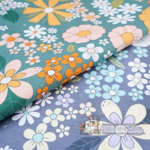 160x50cm Green Blue Calliopsis Twill Cotton Fabric Handmade DIY Home Decoration Bedding Cloth