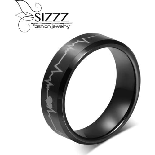 SIZZZ Men Ring Pure Tungsten Carbide Wedding Rings Black Electrocardiogram