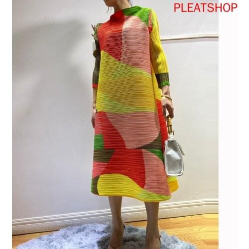 Spring Clothing New Style Stand Collar Printed Loose And Plus-sized Slimming Fashionable Elegant by Age Miyake Pleated Dress