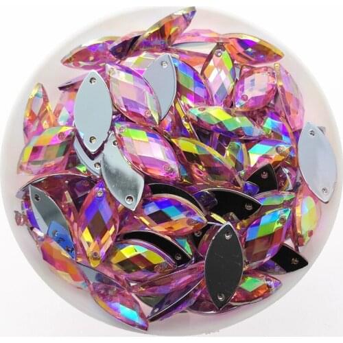 Hot Pink AB Color 200pcs 7x15mm Navette Sew On Rhinestone Flatback 2Holes Acrylic Gems Strass Crystal and Stones For Dress