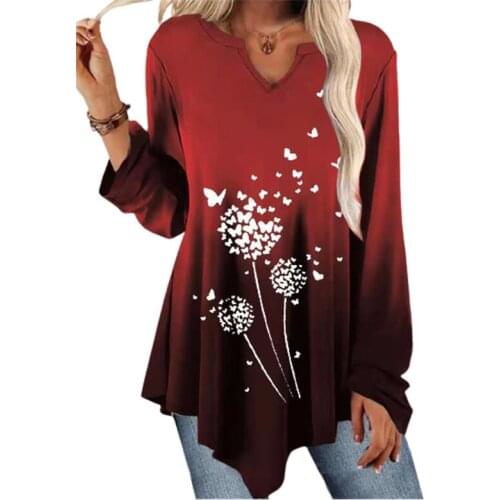 New Fashion Street Hipster Ladies Gradient Print V Neck Loose Long Sleeve T Shirt Women Casual Streetwear Irregular Hem Tops Tee