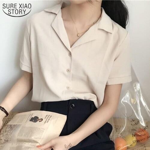 V Neck Office Lady White Shirt Fashion Short Sleeve Tops Retro Shirt for Women Simple Solid Summer Blouse Blusas Femininas 10166
