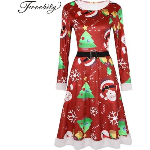 Womens Soft Velvet Christmas Xmas Fancy Party Costumes Scoop Neck Long Sleeves Swing Dress 3D Printed Casual Flared Midi Dress