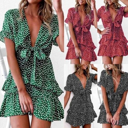 IMCUTE Womens Dress 2021 Summer Sexy V-neck Floral Print Bow Tie Bohemian Beach Dress Ruffle Short Sleeve A-line Mini Dress /F