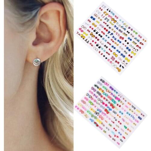 100Pair/Lot Mixed Rhinestone Alloy Flowers Moon Heart Lover Star Ear Stud Earrings Set Piercing Metal Lady Earring Sets Jewelry