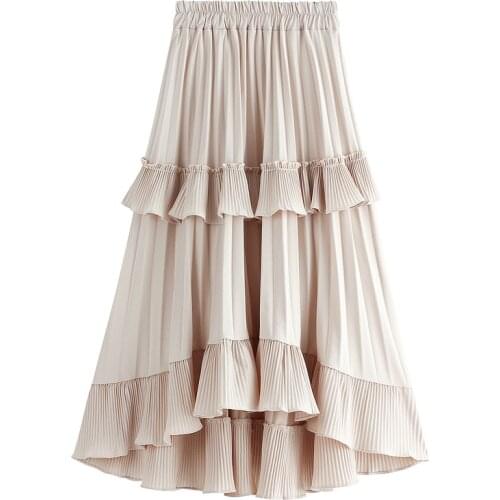 2019 New Autumn Pleated Skirt High Waist Irregular Hem Flouncing Women Long Skirts Saia Women White Skirts Faldas Jupe Femme