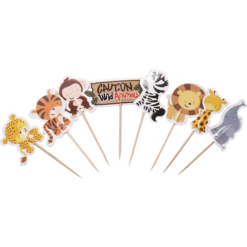 24pcs Wild Jungle Animal Theme Cupcake Topper party decoration zebra cupcake flag Kids Favor Birthday Cake Decoration Supplies