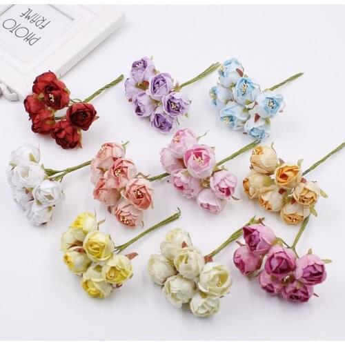 6Pcs/Lot 4cm Mini Tea Rose Bud Artificial Flowers For Wedding Home Decoration Accessories flores artificiais DIY Craft Supplies